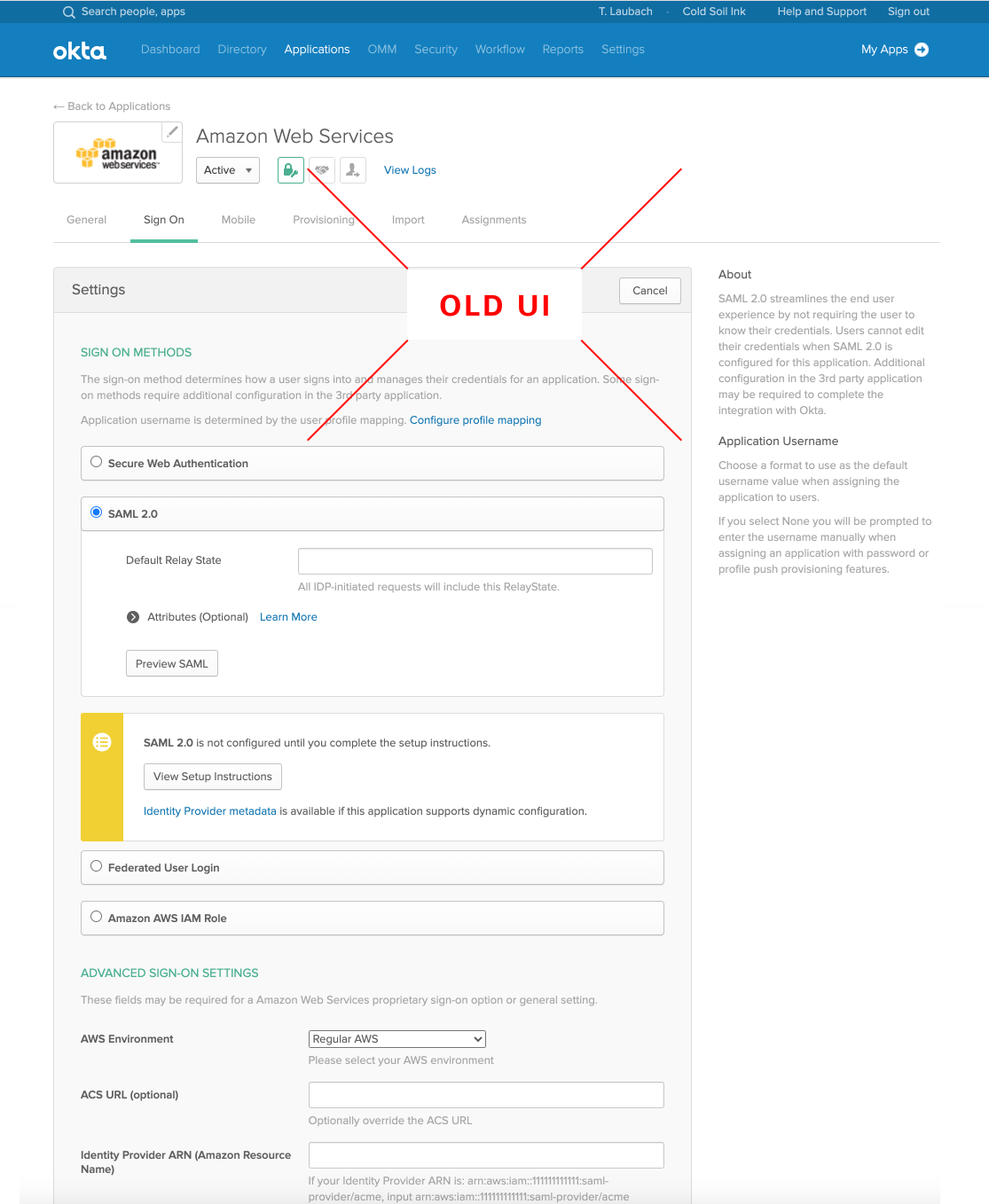 Sign on settings on an integration.