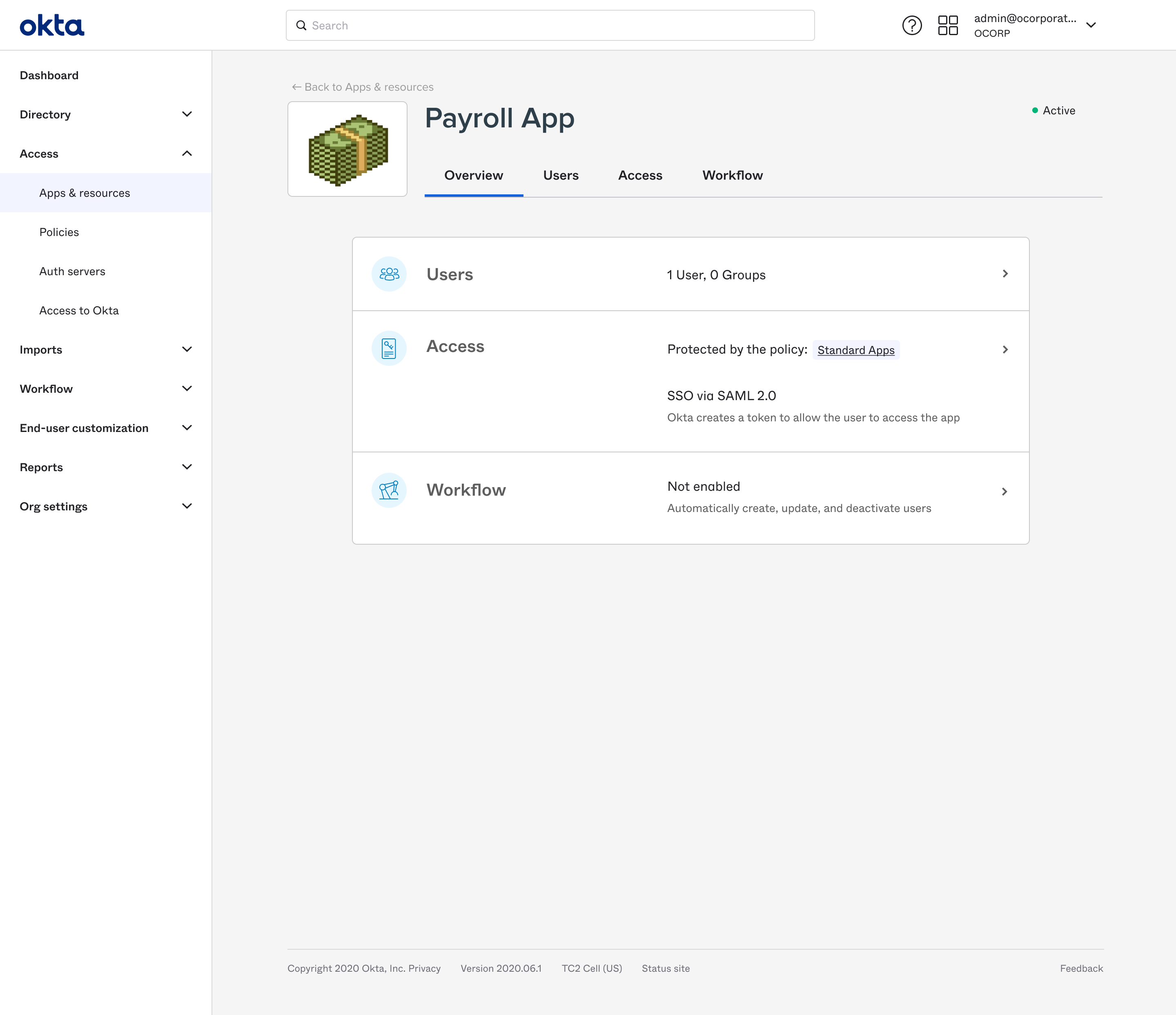 Overview screen for a cloud app doing access.