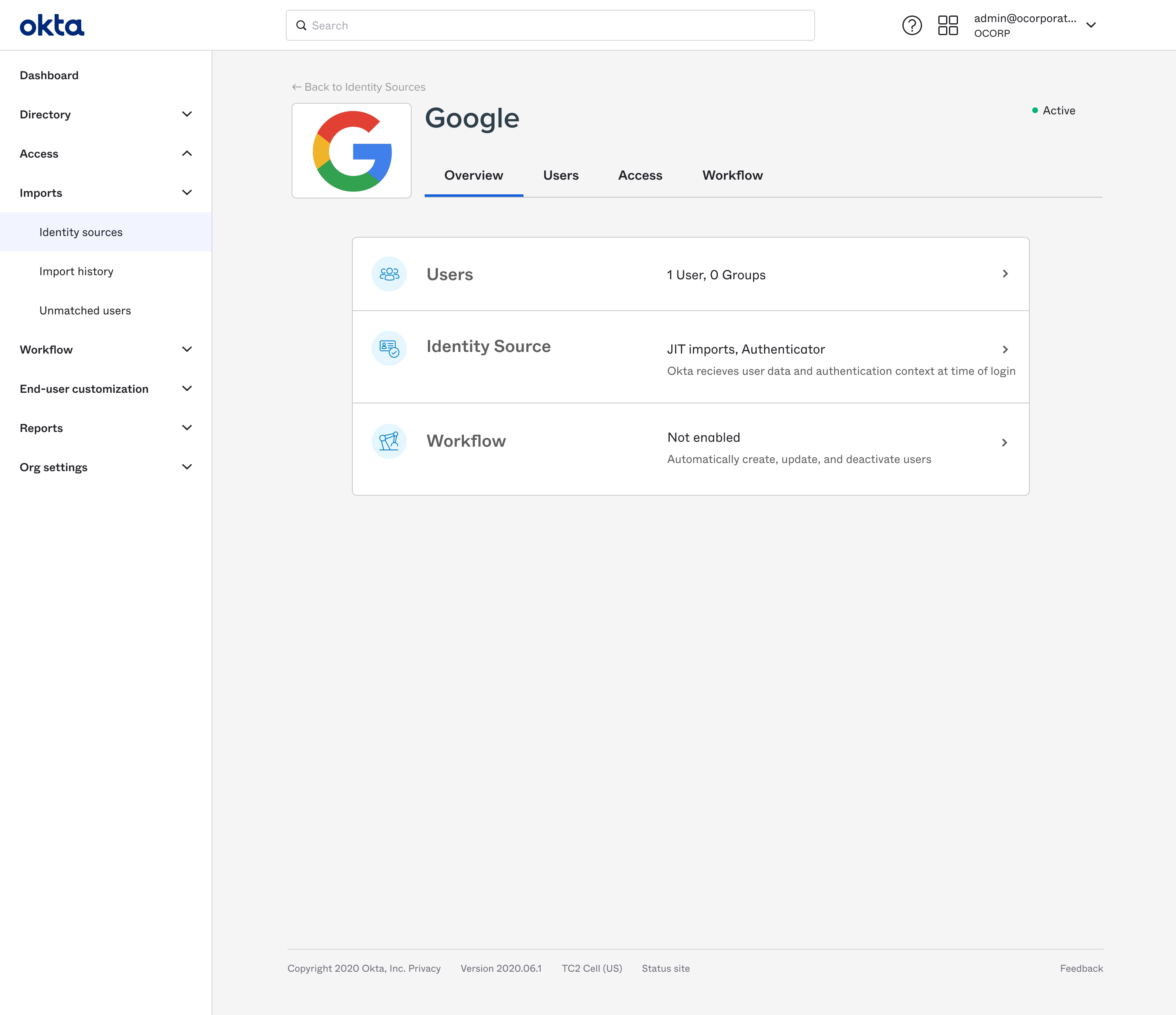 Overview screen for a social identity provider.