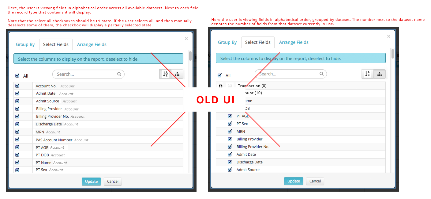 Two views of the &ldquo;select fields&rdquo; interface.