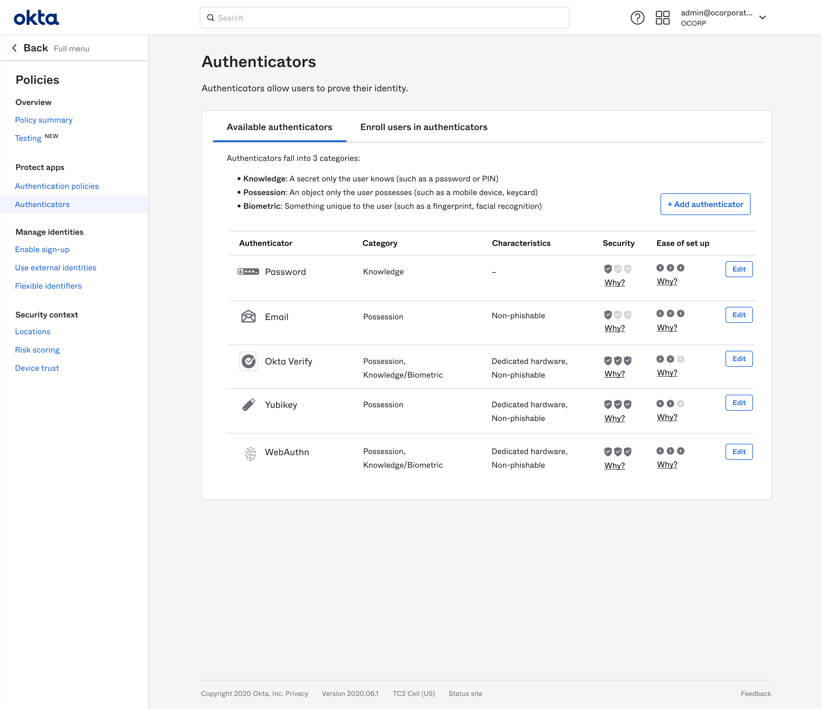 Default authenticators as options for protecting a resource.